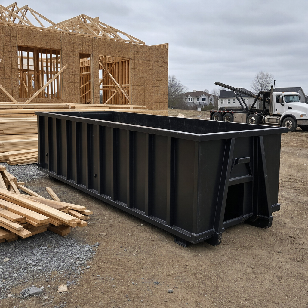 Matte-black 40-yard roll-off dumpster staged on a framed-out residential construction site in Ankeny, framing lumber stacked nearby, hooklift delivery truck visible in the background under bright Colorado daylight