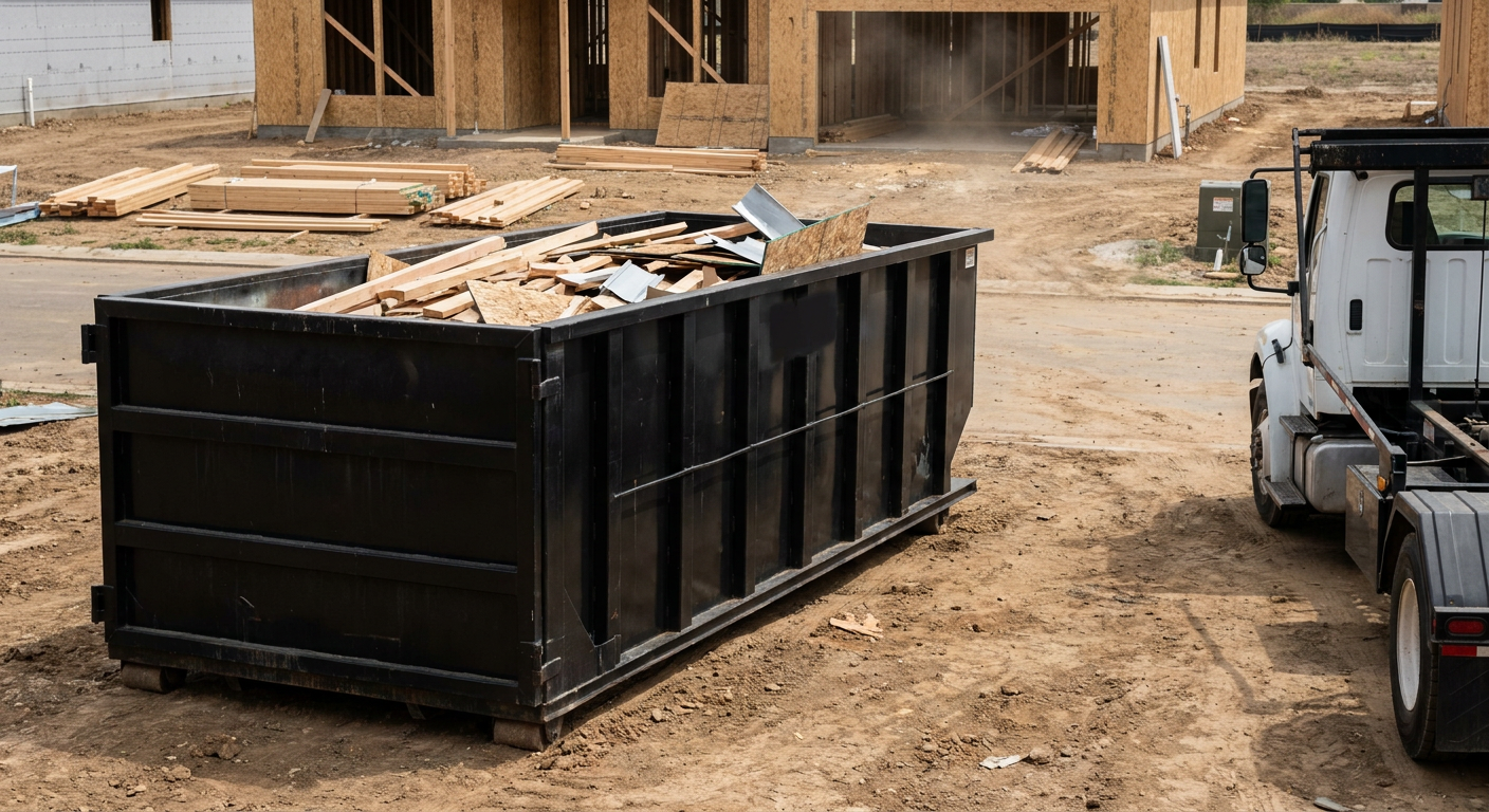 Matte-black 20-yard roll-off construction dumpster with heavy ribbed steel sidewalls and swing rear doors at a working jobsite in Ankeny, sitting directly on compacted dirt with an unmarked white hauler partially visible at the far edge of the frame.