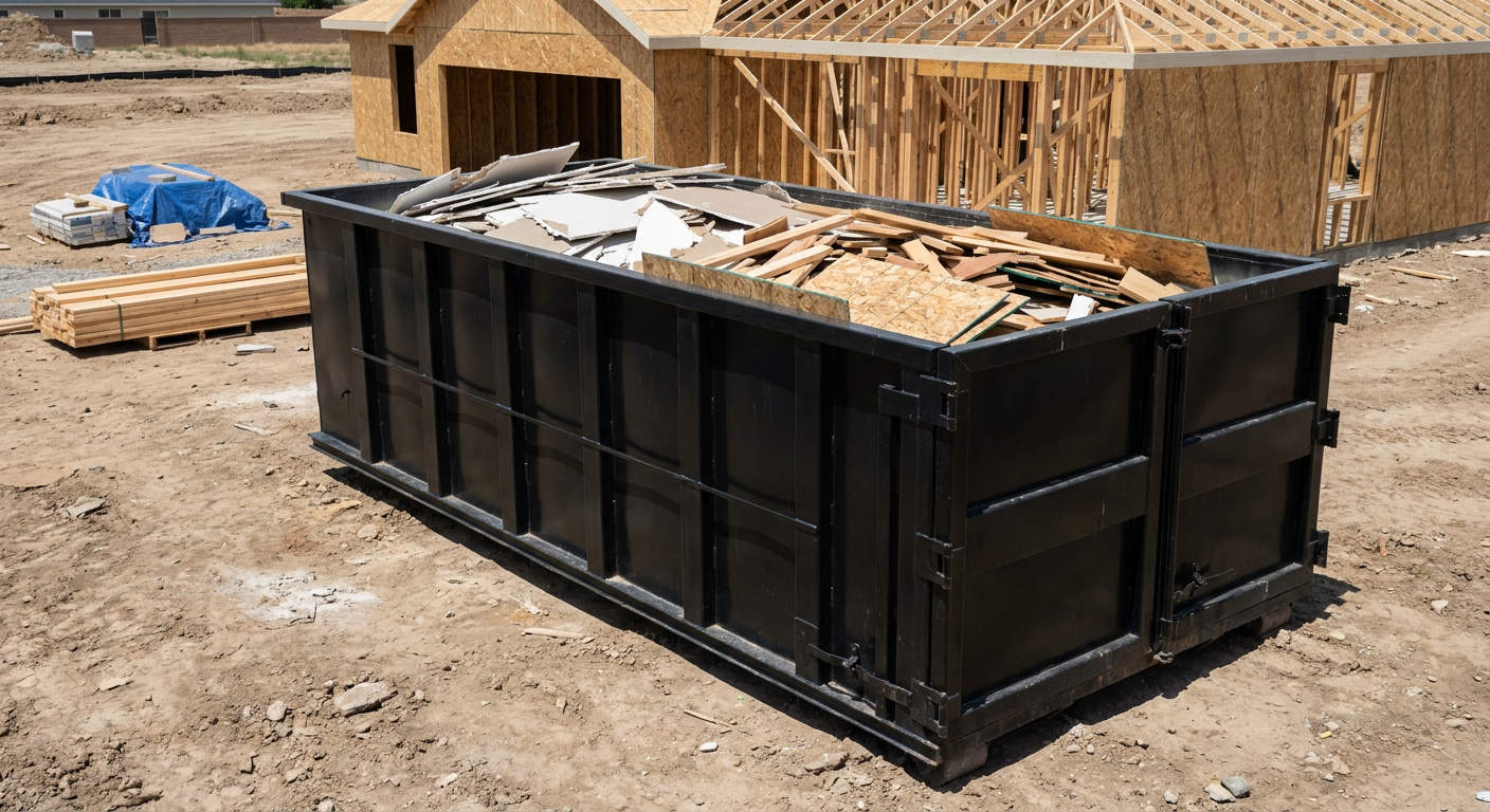 Matte-black 30-yard roll-off construction dumpster sitting directly on the compacted-dirt site of a framed single-family home build in Ankeny, drywall and lumber scrap loaded inside.