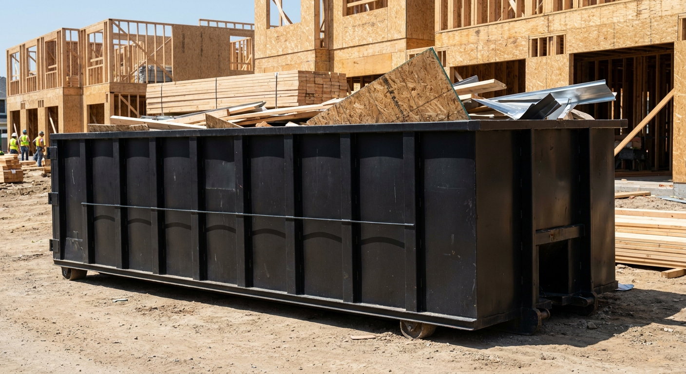 Matte-black 40-yard roll-off construction dumpster being lowered from a white-cab hooklift delivery truck onto the compacted-dirt jobsite at a commercial build site in Ankeny