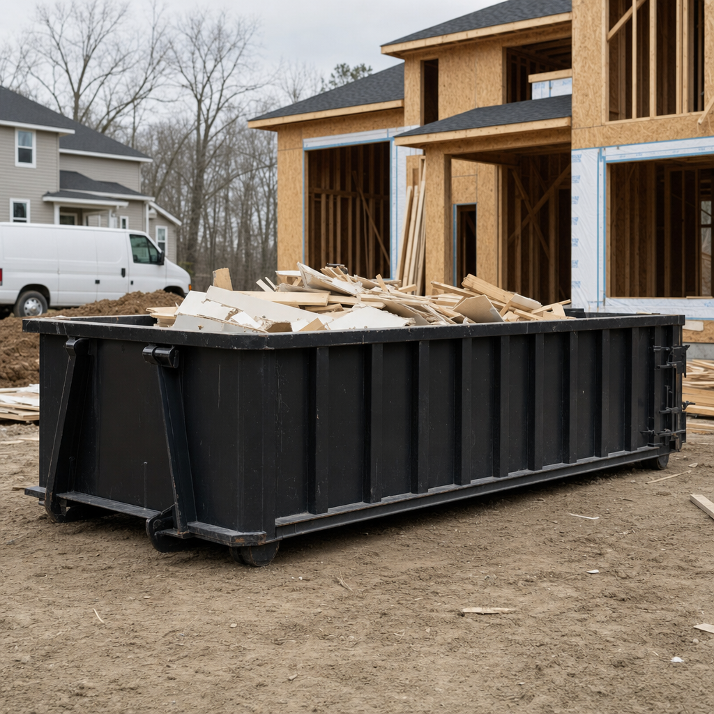 Worker in a yellow high-visibility vest tossing framing lumber and broken drywall into a matte-black 30-yard construction roll-off dumpster on an active build site in Ankeny, bright daylight