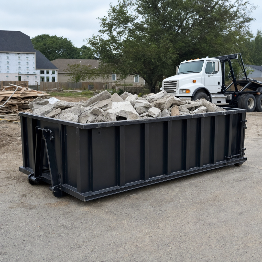Low-profile matte-black lowboy roll-off dumpster loaded with broken concrete slab and rebar at a foundation tear-out in Ankeny, skid steer parked beside it, sunny Colorado morning