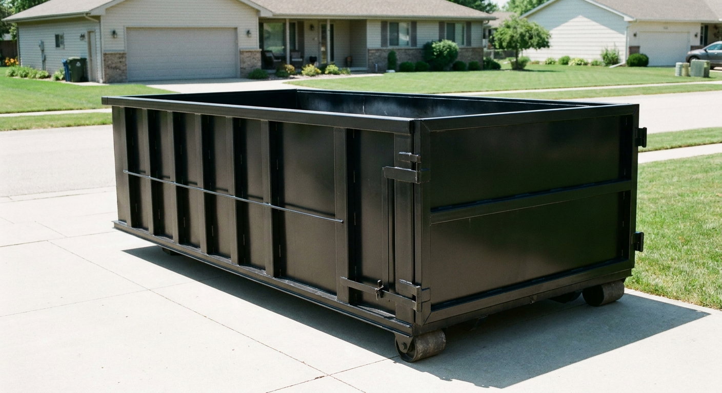 Matte-black 10-yard roll-off dumpster on a residential concrete driveway in Ankeny, uniformly painted matte black across every panel and rail, ribbed steel sidewalls and rear swing door visible, mid-day daylight.