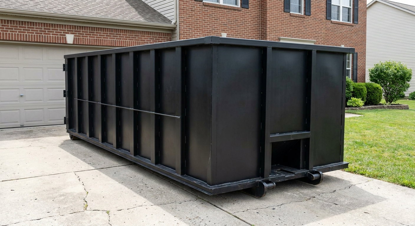 Matte-black 20-yard roll-off container on a Ankeny residential concrete driveway with reinforced ribbed steel sidewalls and a hinged rear walk-in door, clean bright daylight.