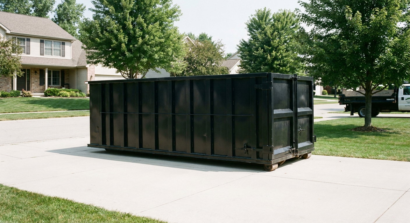 Matte-black 20-yard roll-off dumpster sitting level on a clean Ankeny residential concrete driveway under bright daylight, demonstrating clean placement directly on the concrete.