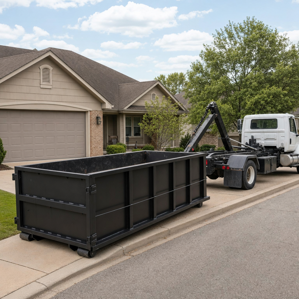 Wide documentary shot of a matte-black roll-off dumpster on a Ankeny residential driveway in the foreground and a contractor jobsite container in the soft-focus background, bright daylight, calm and orderly composition.