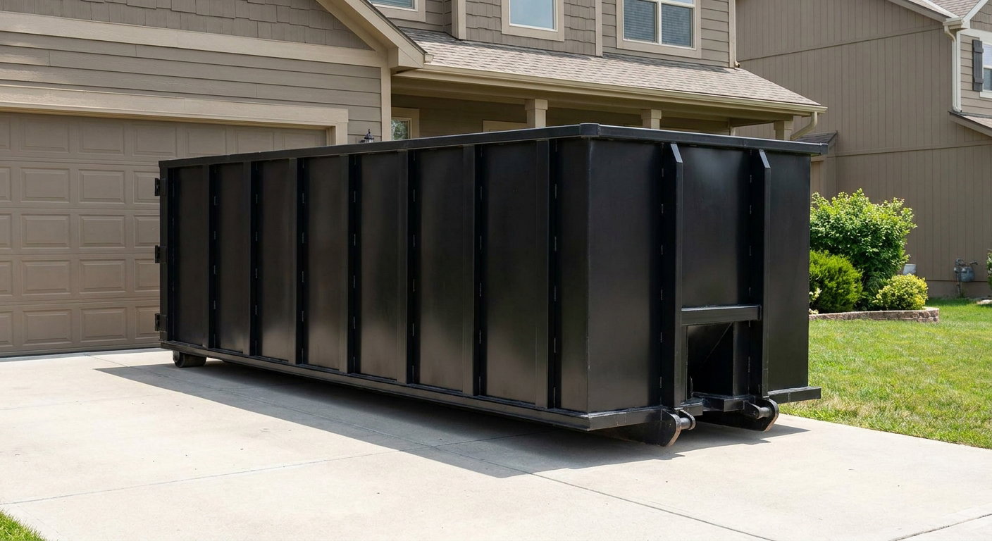 Matte-black residential roll-off dumpster sitting directly on a suburban Ankeny concrete driveway, garage door closed, single-family home in background, bright morning daylight.