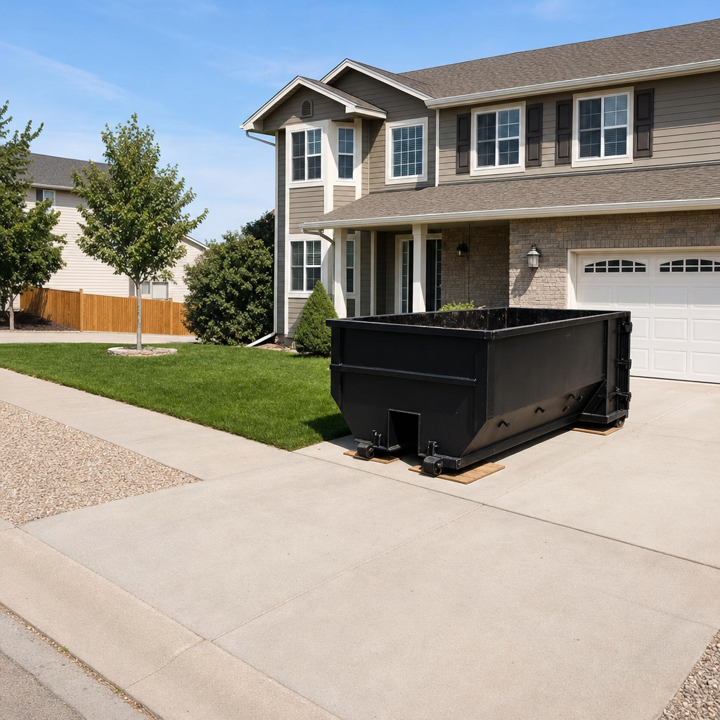 10-yard matte-black residential dumpster placed directly on a narrow Ankeny concrete driveway, room remains for a parked sedan beside it, mid-morning natural light