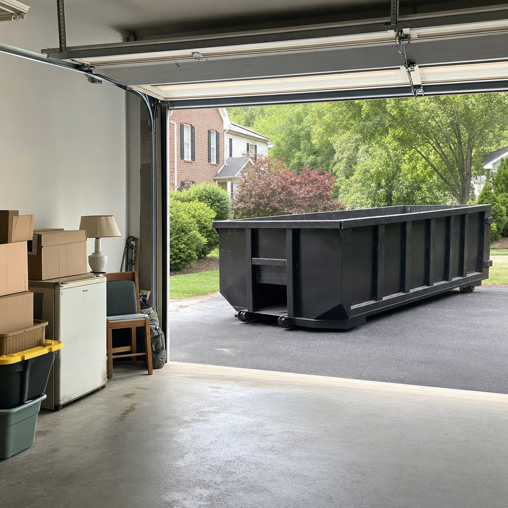 Open garage interior in a Ankeny home mid-cleanout — boxed items, an old appliance, and stacked yard tools queued near the driveway for a matte-black roll-off dumpster, organized and calm