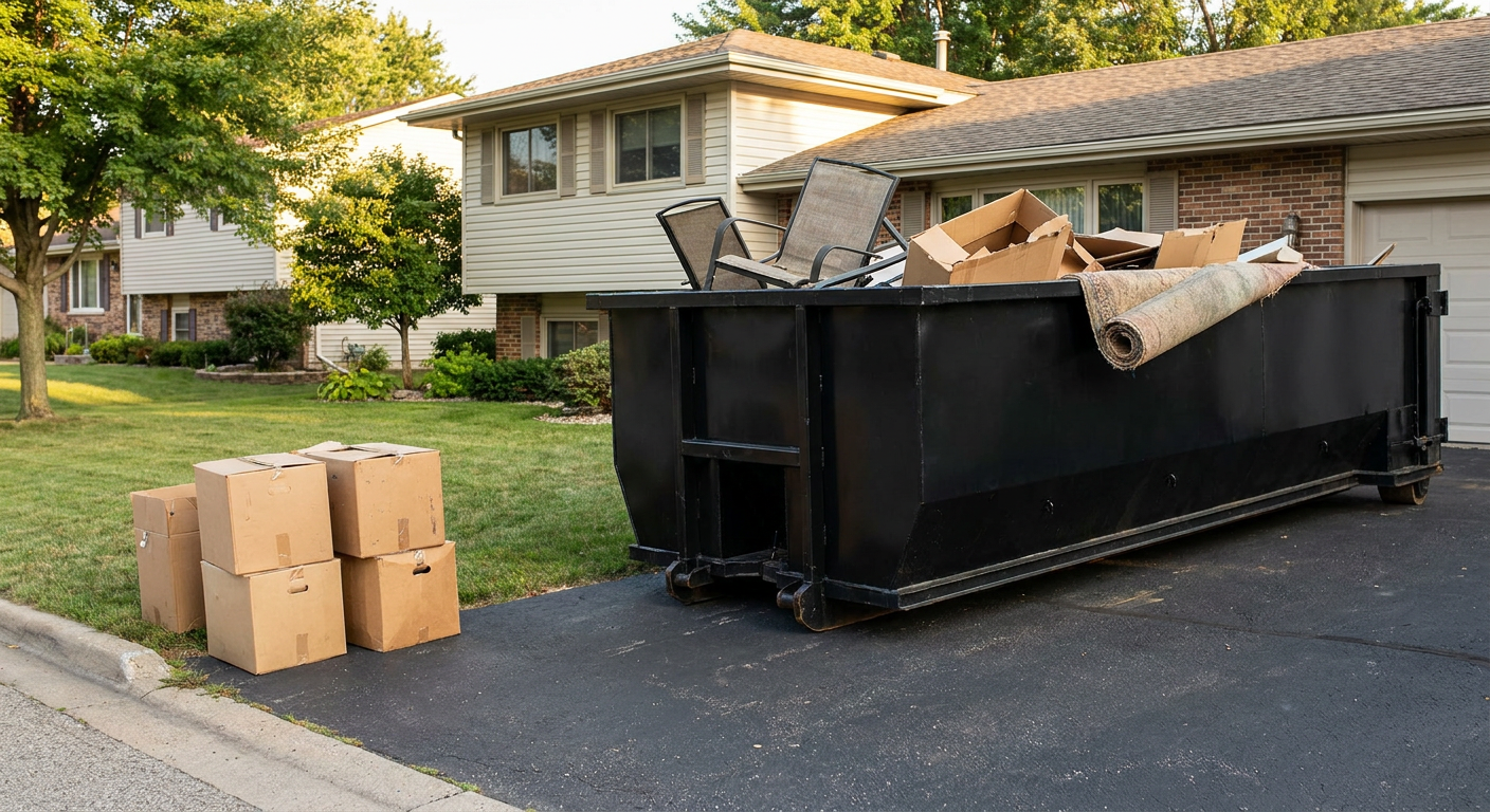 Front-yard view of a Ankeny split-level home with a 20-yard matte-black roll-off dumpster sitting directly on the asphalt driveway, a few clearly labeled donation boxes staged at the curb, calm sunny afternoon.