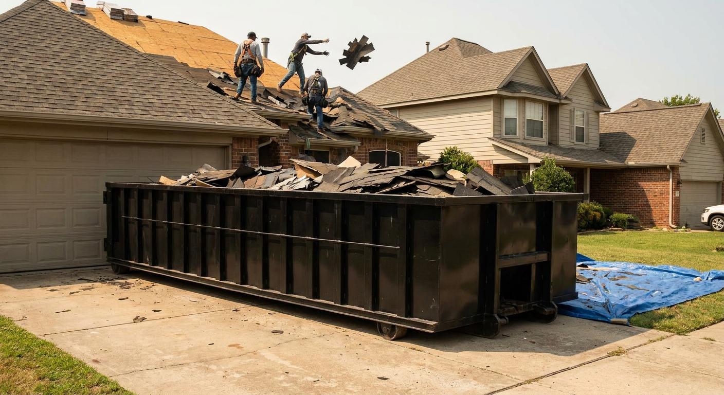 Matte-black roofing roll-off dumpster placed directly on a Ankeny residential concrete driveway, a tear-off crew on a two-story asphalt-shingle roof tossing shingle bundles into the low-walled container, bright daylight, documentary 35mm perspective.