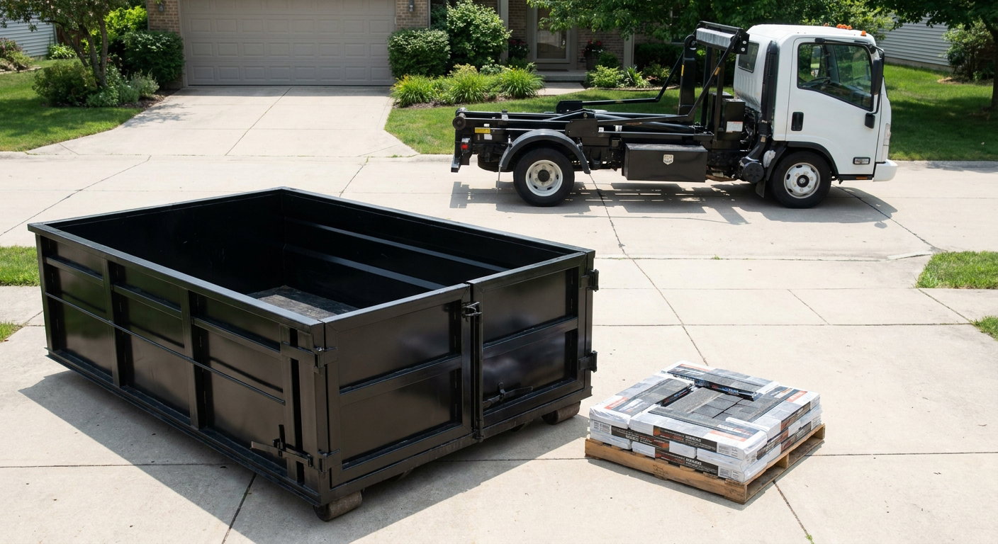 Matte-black 15-yard roofing roll-off dumpster with reinforced low side walls sitting directly on a Ankeny residential concrete driveway, three-tab asphalt shingle bundles stacked nearby, an unmarked white hauler truck partially visible at the edge of the frame.