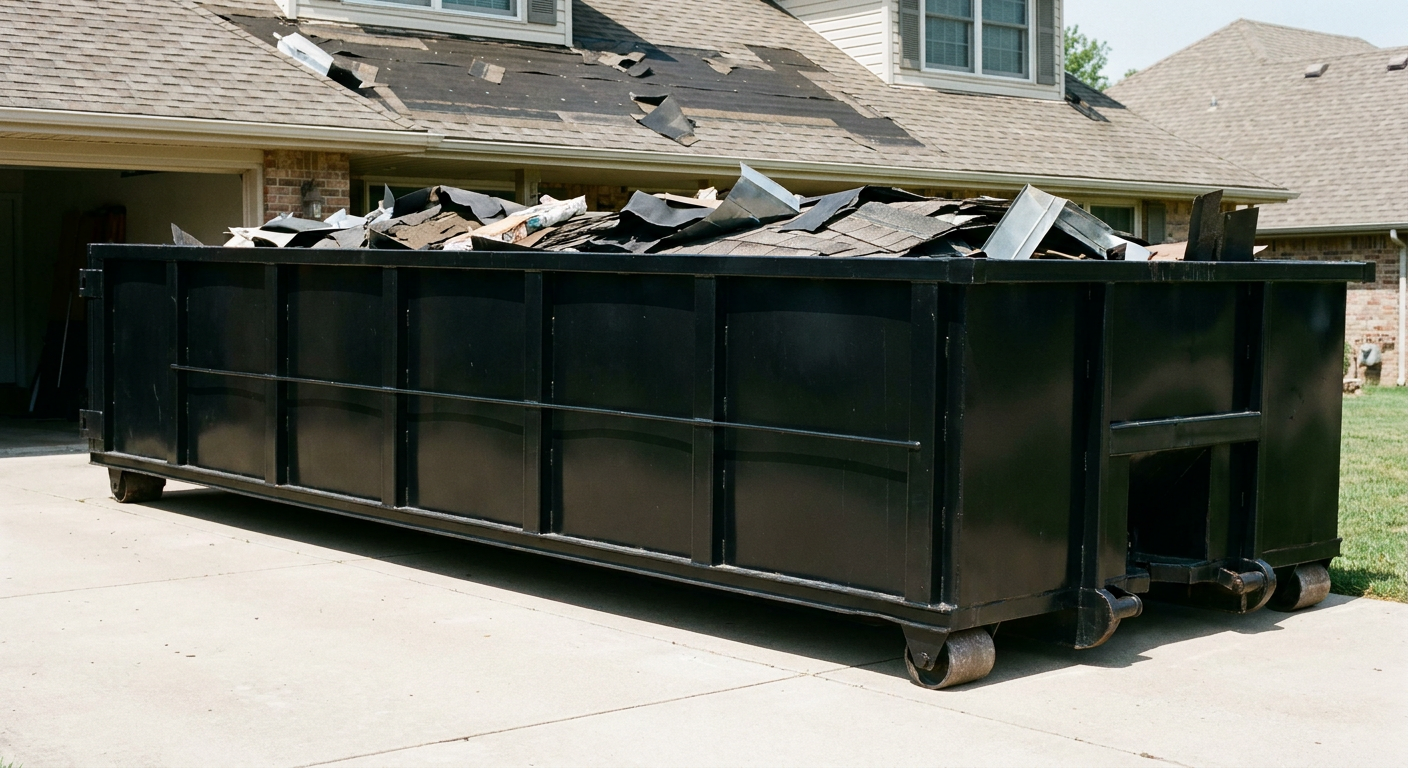 Matte-black 20-yard roofing roll-off dumpster with steel ribbed sides and swinging rear door, sitting directly on the concrete driveway of a two-story Ankeny home, asphalt shingle debris being loaded over the low wall, clean documentary lighting.