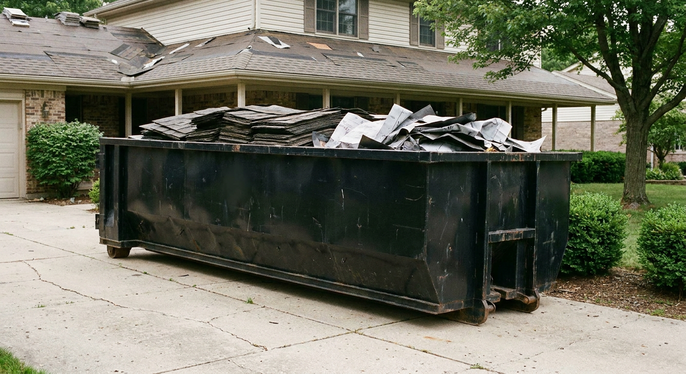 Matte-black 30-yard roofing roll-off dumpster sitting directly on a Ankeny concrete driveway, taller ribbed steel side panels, mixed tear-off debris of asphalt shingles and underlayment inside, professional documentary daylight.