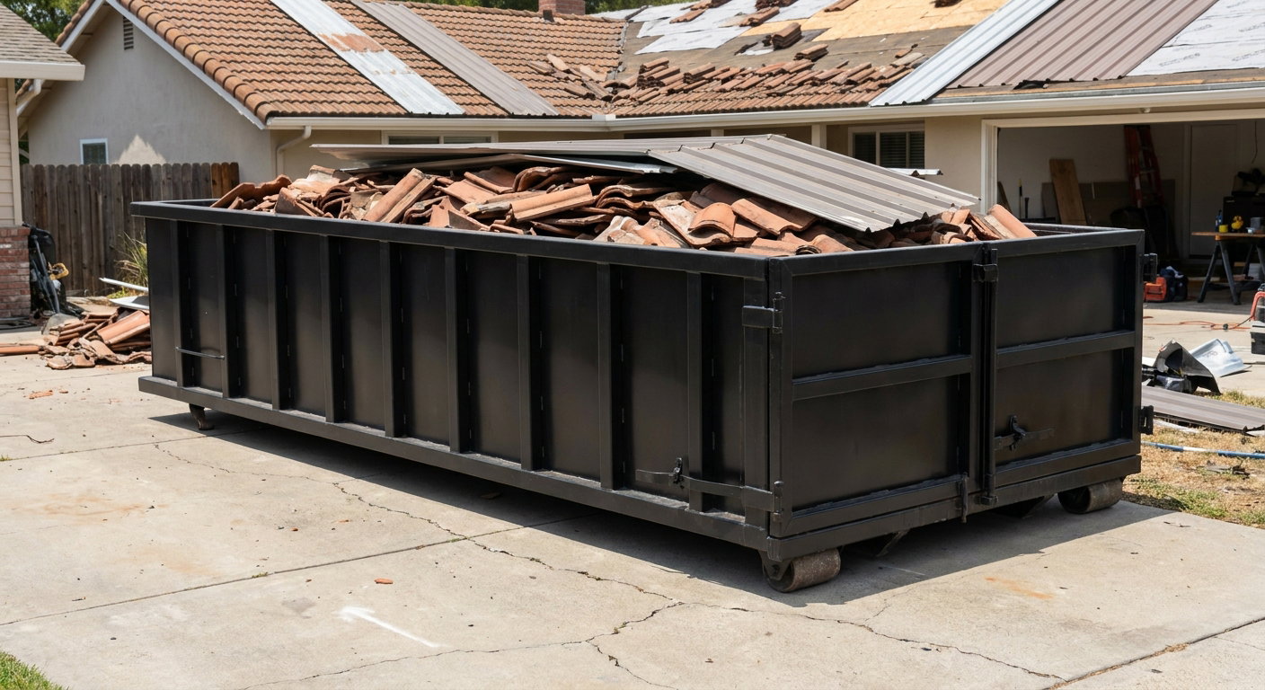 Matte-black low-wall heavy-debris roofing roll-off dumpster sitting directly on a Ankeny concrete driveway, broken concrete clay roof tiles and metal panel sections loaded inside, reinforced ribbed steel side walls visible, bright outdoor daylight.