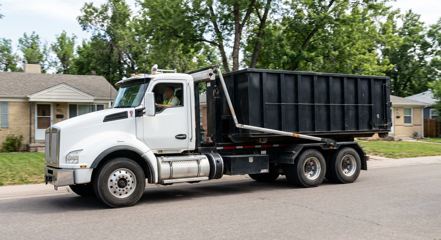 A wide documentary shot of a matte-black roll-off delivery truck pulling onto a quiet Ankeny residential street at mid-morning, with neighborhood rooftops and tree-lined blocks visible behind, showing the metro coverage footprint.