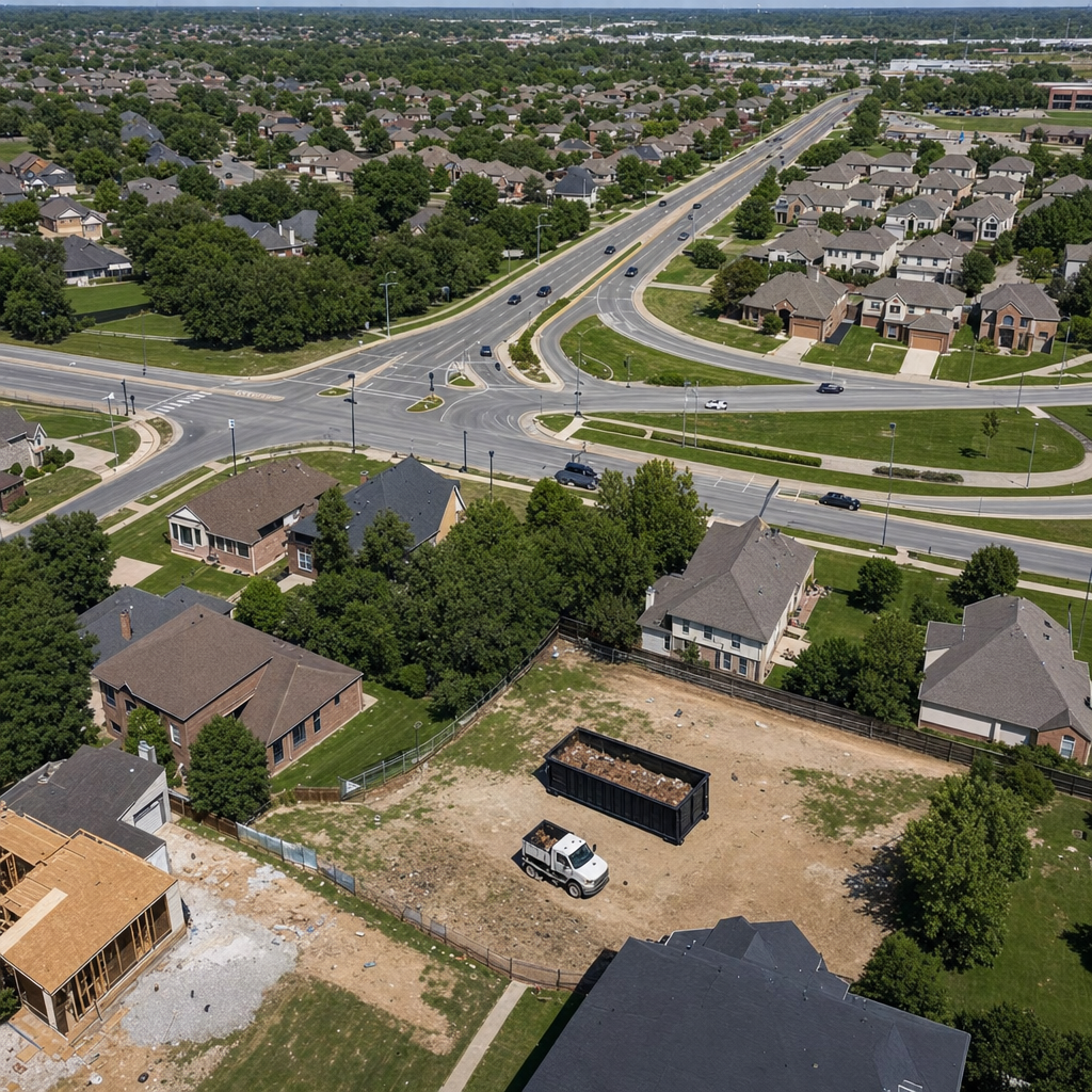 An overhead documentary view of the Ankeny metro area at midday, showing the spread of neighborhoods, arterial roads, and the dispatch radius from a central yard — clean daylight, organized geographic layout.