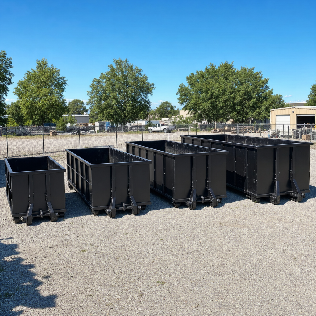 A clean lineup of matte-black roll-off dumpsters in 10, 20, 30, and 40-yard sizes staged on a sunlit gravel yard in Ankeny, showing the size progression from compact to commercial-scale containers.