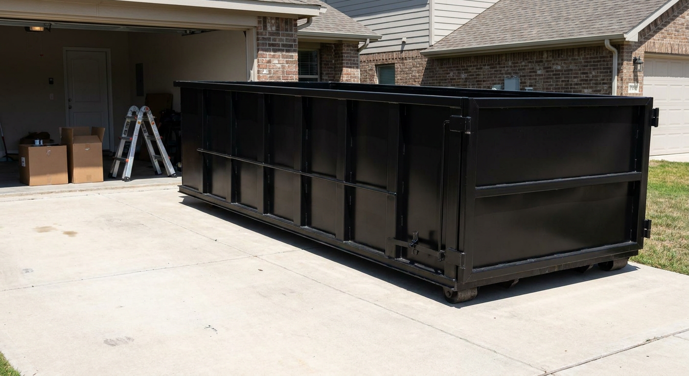 A matte-black 10-yard roll-off dumpster sitting directly on a residential Ankeny concrete driveway, mid-day sunlight, clean and ready for a garage cleanout.