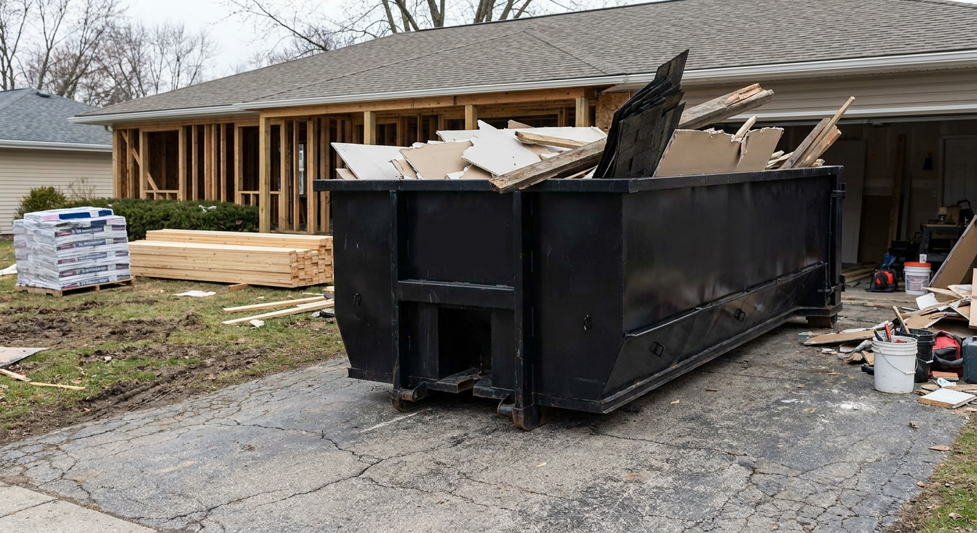 A matte-black 20-yard roll-off dumpster placed alongside a mid-renovation Ankeny home directly on the asphalt driveway, with framing materials and torn-off shingles staged neatly nearby.