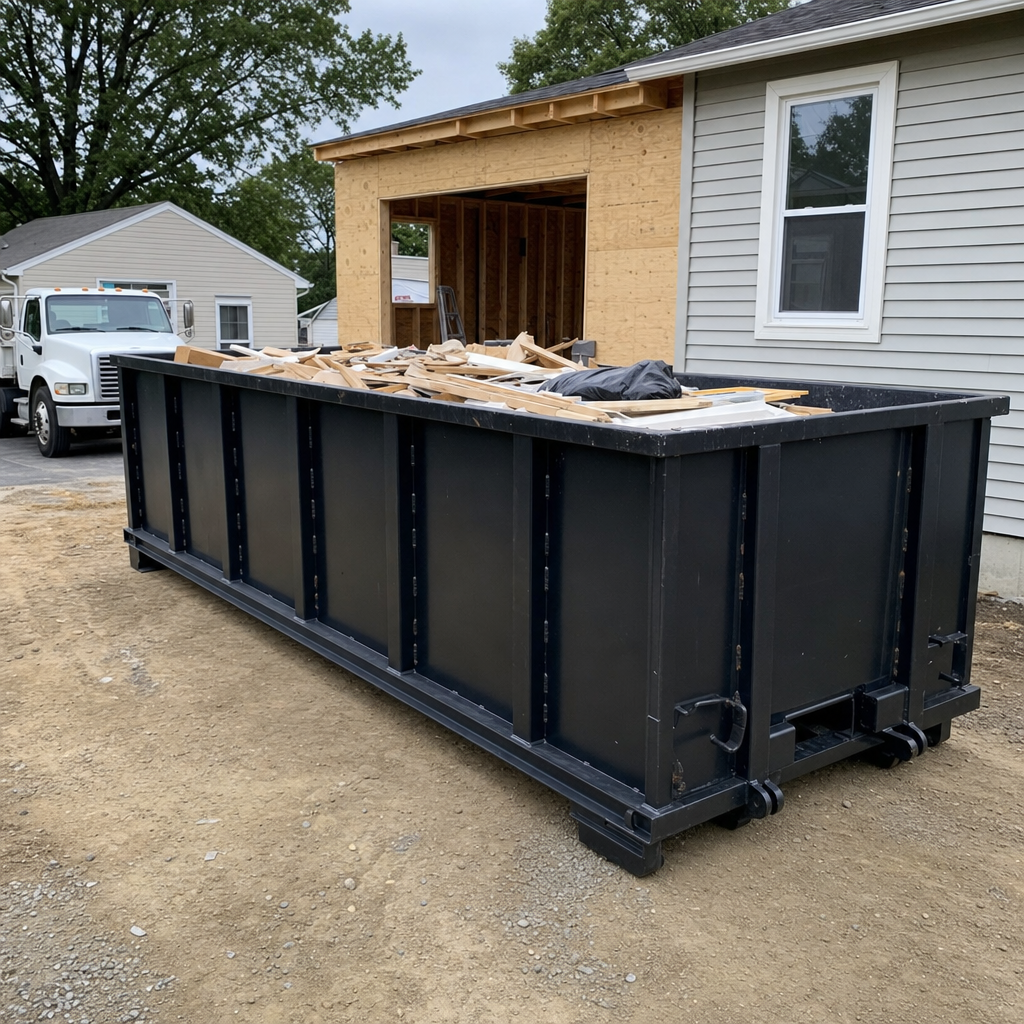 A matte-black 30-yard roll-off dumpster positioned at a Ankeny residential addition jobsite, with framing lumber and drywall scraps loaded through the open swinging rear doors.