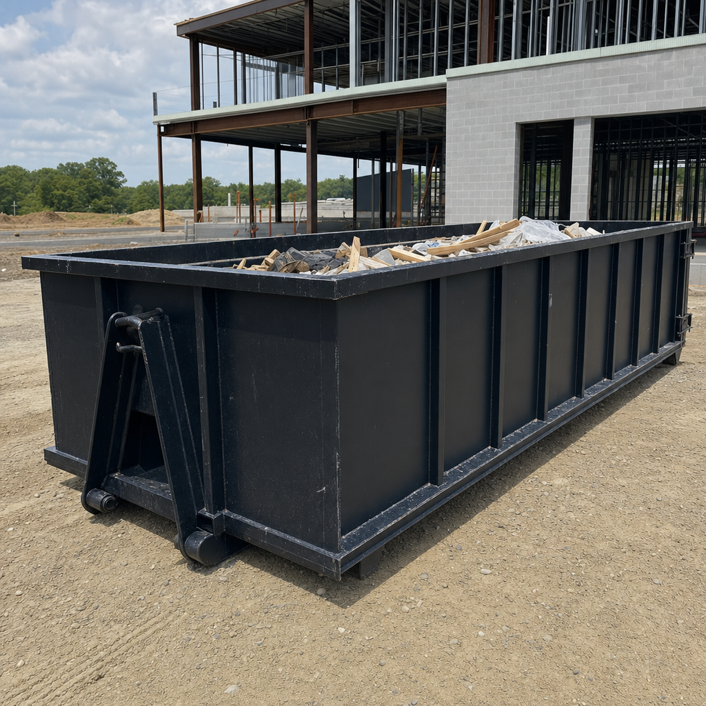 A matte-black 40-yard roll-off dumpster staged on a large Ankeny commercial construction lot, with a hooklift delivery truck parked alongside under bright midday sky.