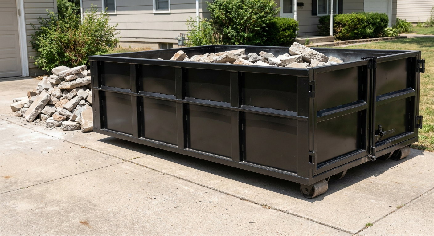 A matte-black low-side heavy-debris roll-off dumpster placed directly on a Ankeny concrete driveway, with broken concrete chunks neatly stacked beside it under clean daylight.